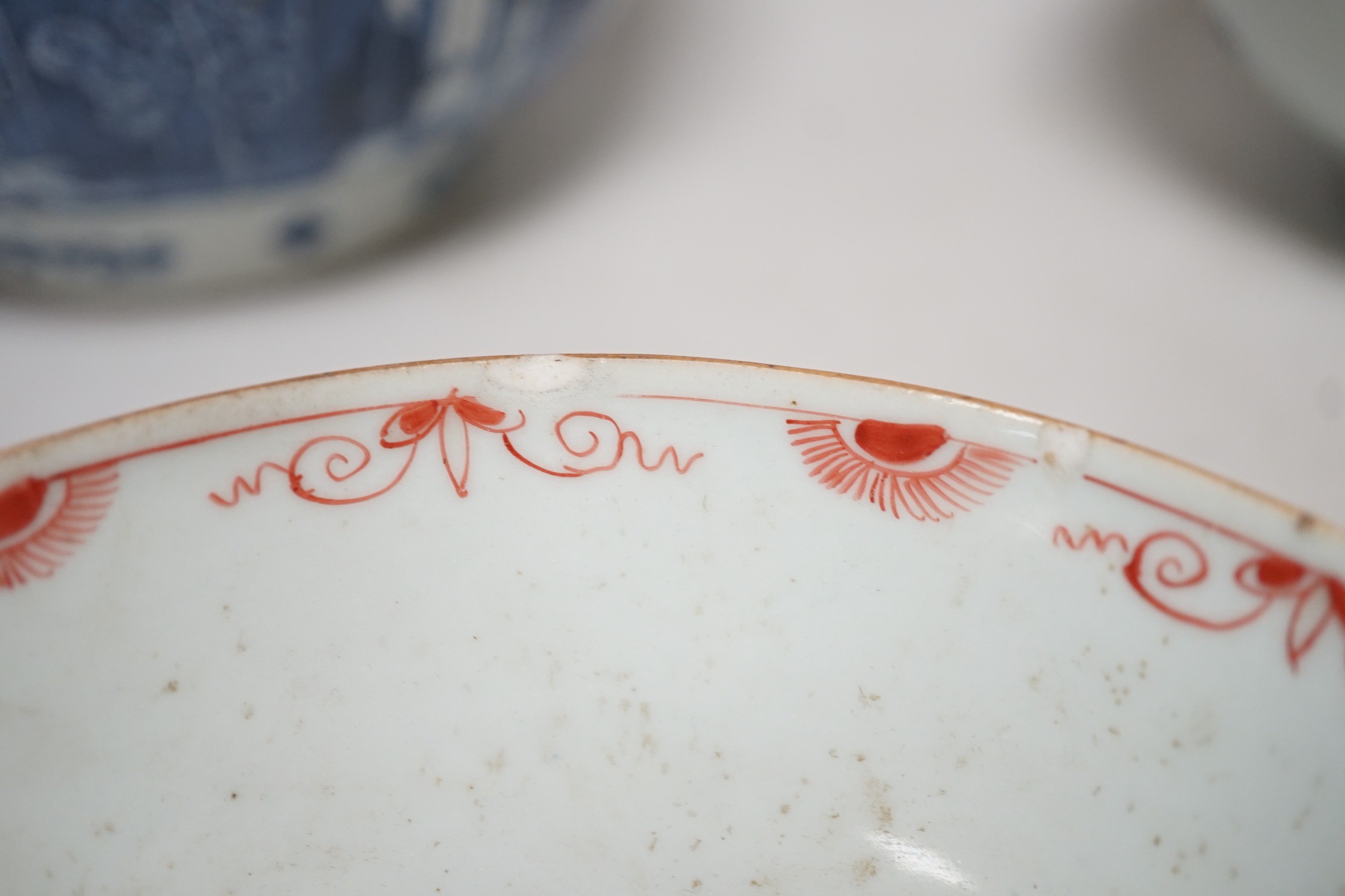 Six 18th century Chinese porcelain bowls (a.f.) and a Chinese imari plate, largest bowl 20cm diameter